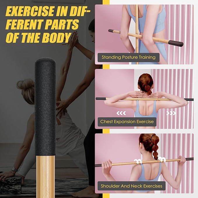 Bamboo Stretch Yoga Stick, 5ft/149 cm, Flexibility Stick for Physical Therapy, Premium Yoga Dowel with Super Sturdy Rubber Handle Ends, Exercise Bar for Posture Corrector-FlexoryFit