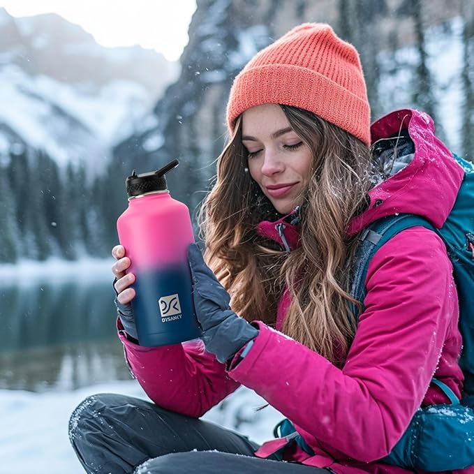 Insulated Water Bottle | Thickened Stainless Steel Vacuum Metal | Portable Sports Half Gallon Large Water Jug for Gym and Hiking with Straw, Carrier Bag, Handle Strap | BPA-Free 64 oz-FlexoryFit