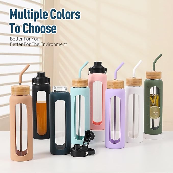 Kodrine Water Bottle with Straw, 24 oz Glass water Bottle with 2 Lids Bamboo Straw Lid and Spout Lid with Handle, 32 oz Clear Water Bottle Glass for Sports Travel, Waterbottle with Time Marker-FlexoryFit