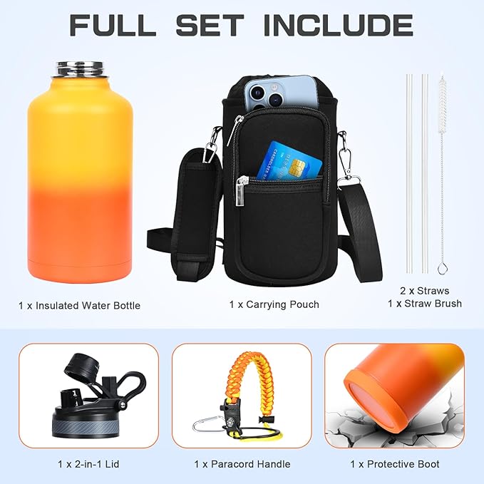 Insulated Water Bottle 64 oz, Half Gallon Water Jug Cold 48H, BPA Free Stainless Steel Bottles with Straw/Chug 2-in-1 Lid, Bag, Paracord Handle, Silicone Boot, Sports Gym School Metal Flask-FlexoryFit