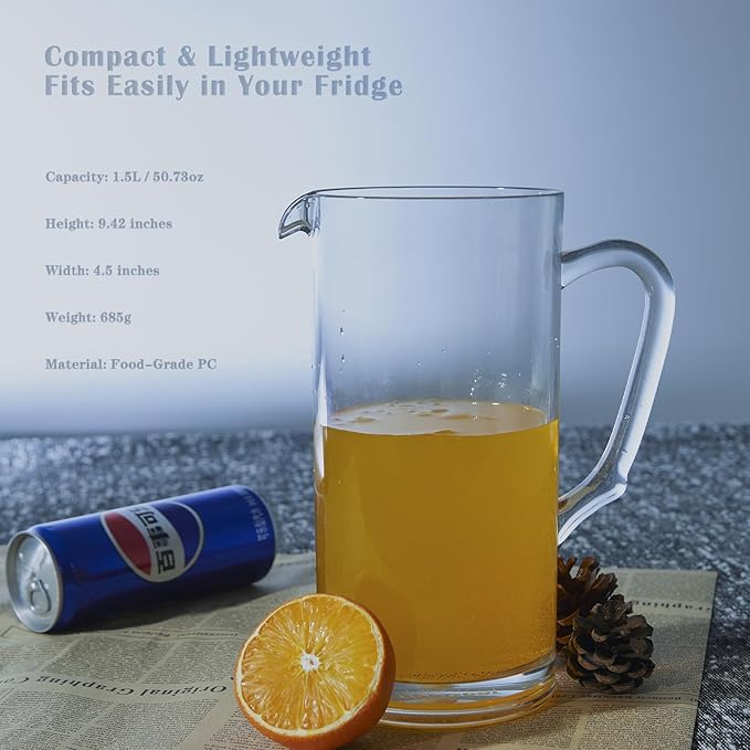 Clear Plastic Pitcher with Lid and Ergonomic Handle, 1.5L/50oz Durable Water Jug for Lemonade, Iced Tea, Sangria, Juice, Milk, Hot & Cold Beverages, Dishwasher Safe