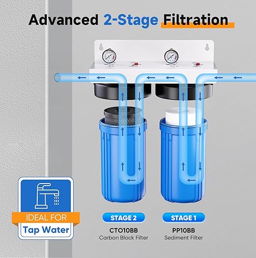 PUREPLUS 2-Stage Whole House Water Filtration System, 10"x4.5" Universal Home Filtration, with Sediment, Carbon Block Filter, Reduce Chlorine, Taste, Odor, Includes Pressure Gauges, 1" Inlet/Outlet