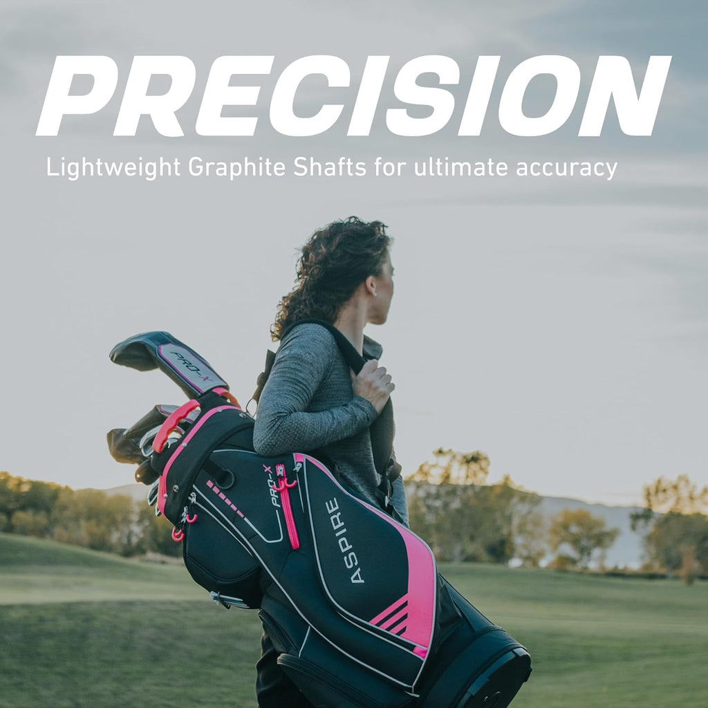 Aspire PRO-X 16-Piece Womens Golf Club Set, Includes Titanium F Driver, #3 Fairway Wood, 4-5 Hybrids, 7-SW Irons, Putter, Cart Bag, 4 H/C's, Golf Clubs Women Right Handed, Regular & Petite Sizes