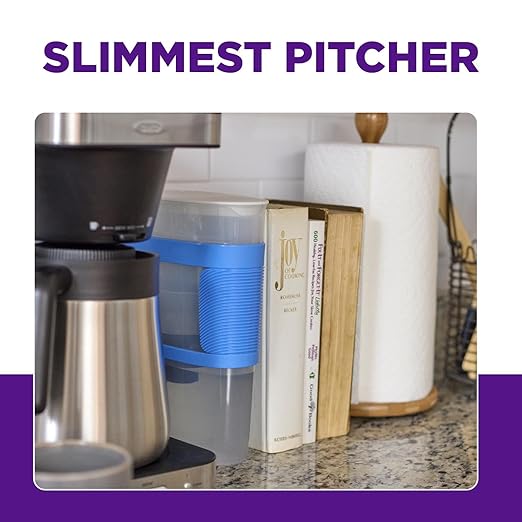 PUR Water Filter Pitcher Slim design 8 Cup capacity with 1 filter, dishwasher safe, faster filtration, water purifier pitcher for cleaner, great tasting water, ideal for compact space, dorm room, Blue