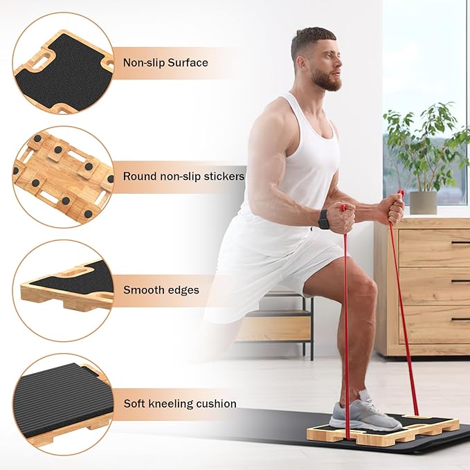 Wooden Resistance Band Foot Plate, Non-Slip Exercise Board with Free Soft Pad & Drawstring Bag for Strength Training, Stretching & Balance, Home Gym Fitness Platform for Full-Body Exercises-FlexoryFit