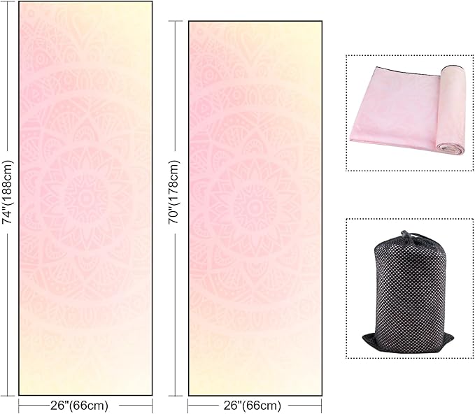 QiyI Yoga Mat Towel with Corner Pockets, Non Slip Sweat Absorbent Hot Yoga Towels, Soft Yoga Blankets with Travel Bag, Skidless Mat Cover for Workout, Gym, Fitness - 70"x26", Gradient Mandala-FlexoryFit