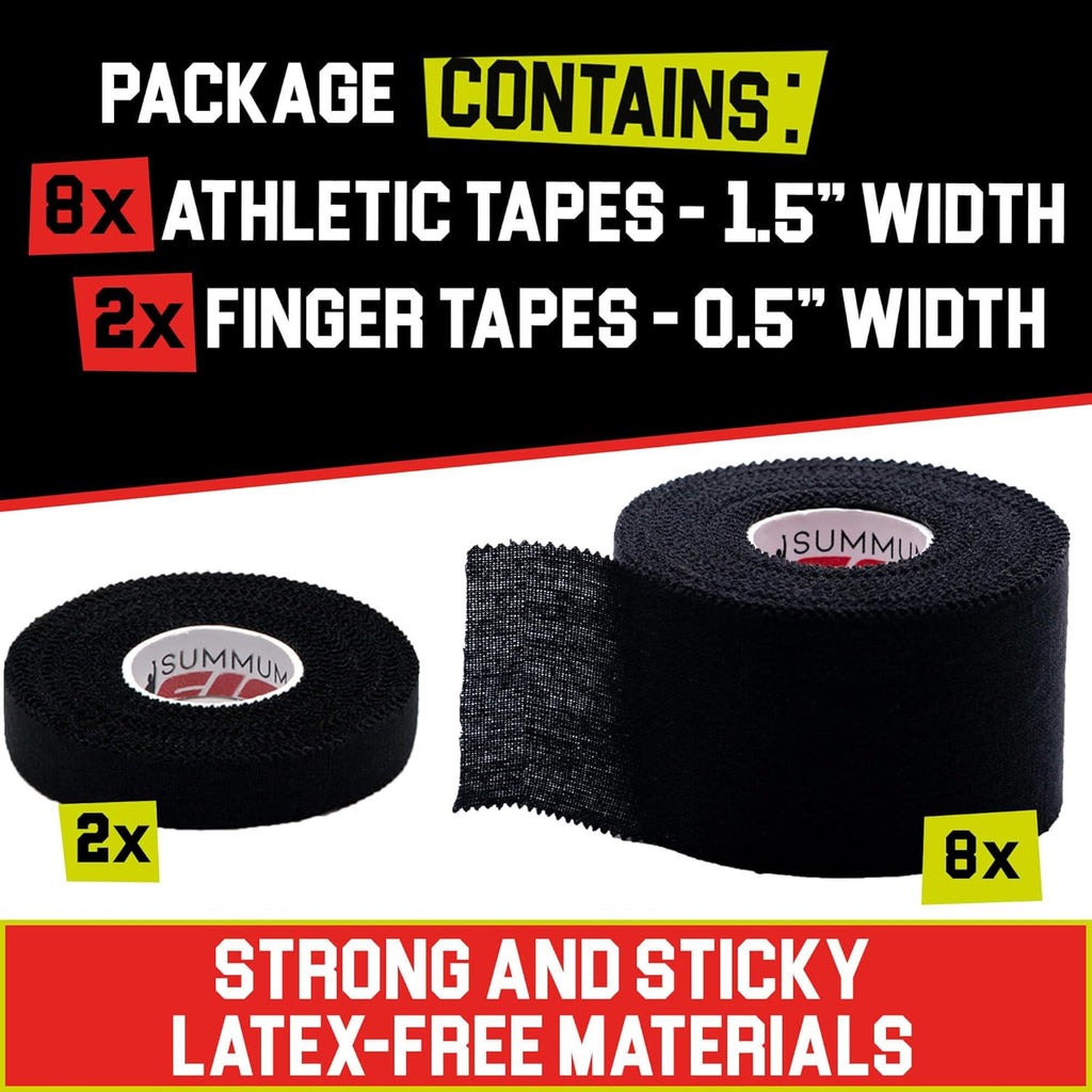 Black Athletic Tape Extremely Strong: 8 Rolls + 2 Finger Roll. Easy to Apply & No Residue. Sports Tape Athletic for Boxing Football Climbing or Gymnastics for Wrist Ankle & Hand Protection