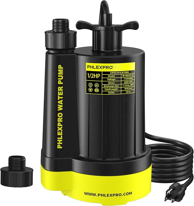Sump Pump 1/2HP Submersible Water Pump, 2650GPH Utility Pump Thermoplastic Electric Portable Transfer Water Pump for Swimming Pool Garden Pond Basement with 16.4ft Long Power Cord