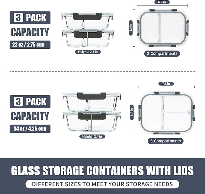2 & 3 Compartment Meal Prep Containers - Glass Food Storage Lunch Containers with Lids, Bento Box, Portion Control, Freezer to Microwave Safe-FlexoryFit