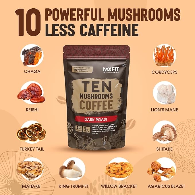 Instant Mushroom Coffee Dark Roast (60 Servings) With 10 Mushrooms (Lions Mane, Cordyceps, Turkey Tail & Other) Mixed With Gourmet 100% Arabica Instant Coffee for Focus & Gut Health Support-FlexoryFit