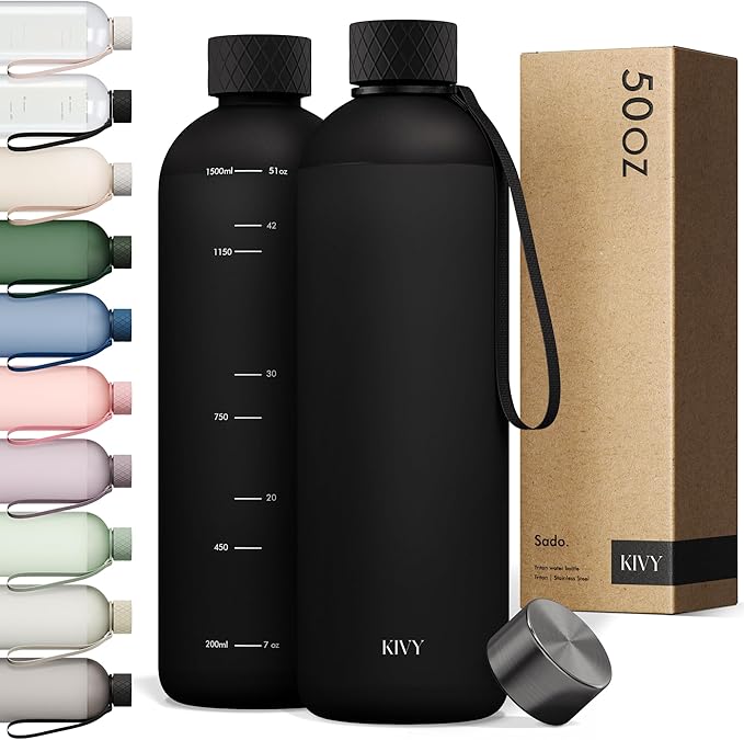 KIVY Slim Water Bottle 50oz [Lightweight & Shatterproof] - Reusable Tritan Water Bottle - Leak Proof Water Bottle for Women & Men - No Spill - Dishwasher Safe - Black-FlexoryFit