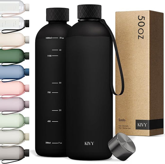KIVY Slim Water Bottle 50oz [Lightweight & Shatterproof] - Reusable Tritan Water Bottle - Leak Proof Water Bottle for Women & Men - No Spill - Dishwasher Safe - Black-FlexoryFit