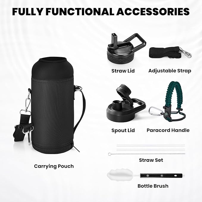 Insulated Water Bottle 32 oz, Triple Wall Vacuum Stainless Steel (Cold for 48 Hrs), Leak Proof & Non-BPA, Modern Water Flask Jug with Paracord Handle & Straw Spout Lids, Dark Green-FlexoryFit