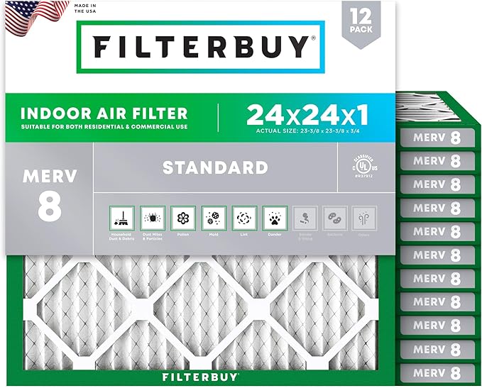 Filterbuy 24x24x1 Air Filter MERV 8 (MPR 700) Dust Defense Replacement (12-Pack), Electrostatic Pleated HVAC AC Furnace Filters, Made in USA (Actual Size: 23.38 x 23.38 x 0.75)