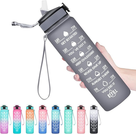 Hyeta 32 oz Water Bottles with Times to Drink and Straw, Motivational Water Bottle with Time Marker, Leakproof, Drinking Sports Water Bottle for Fitness, Gym and Outdoor-FlexoryFit