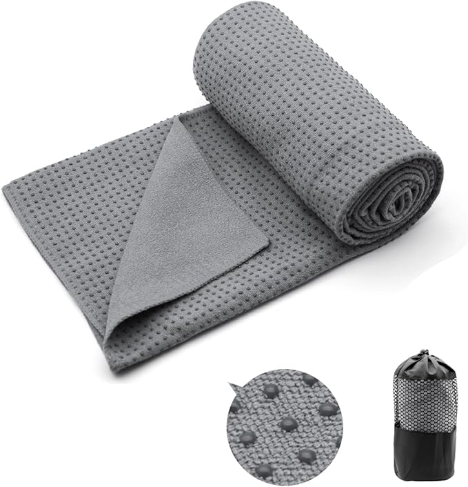 Eunzel Yoga Towel,Hot Yoga Mat Towel with Grip Dots Sweat Absorbent Non-Slip for Hot Yoga, Pilates and Workout 24" x72", Dark Gray-FlexoryFit