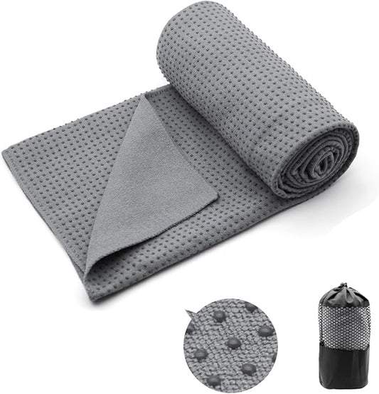 Eunzel Yoga Towel,Hot Yoga Mat Towel with Grip Dots Sweat Absorbent Non-Slip for Hot Yoga, Pilates and Workout 24" x72", Dark Gray-FlexoryFit