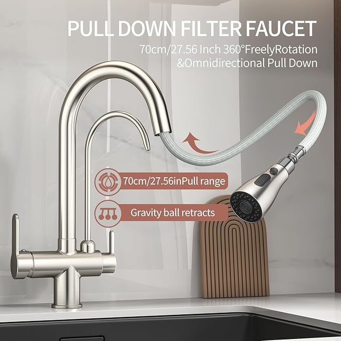 Kitchen Sink Faucet with Pull - Down Sprayer, 2 - Handle 3 - in - 1 Kitchen Sink Filter Faucet, Cold and Hot Mixer Drinking Water Faucet (Brushed Nickel-02)