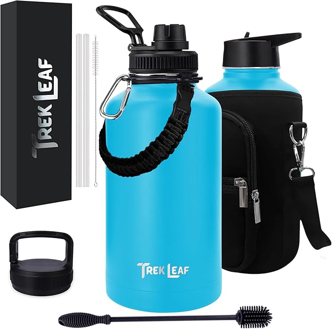 Travel Water Bottle with Carrying Bag, 3 Lids (Spout, Straw, Handle), and Bottle Brush; Leak Proof, Quality, Vacuum Insulated, Stainless Steel (Ocean Blue, 64 oz)