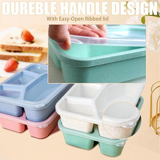 15 PCS Bento Box, 4 Compartment Bento Box Adult Set, Wheat Straw Bento Lunch Box, Reusable Lunch Snack Box, Microwave, Dishwasher and Freezer Safe Meal Prep Containers for Work, School and Travel-FlexoryFit