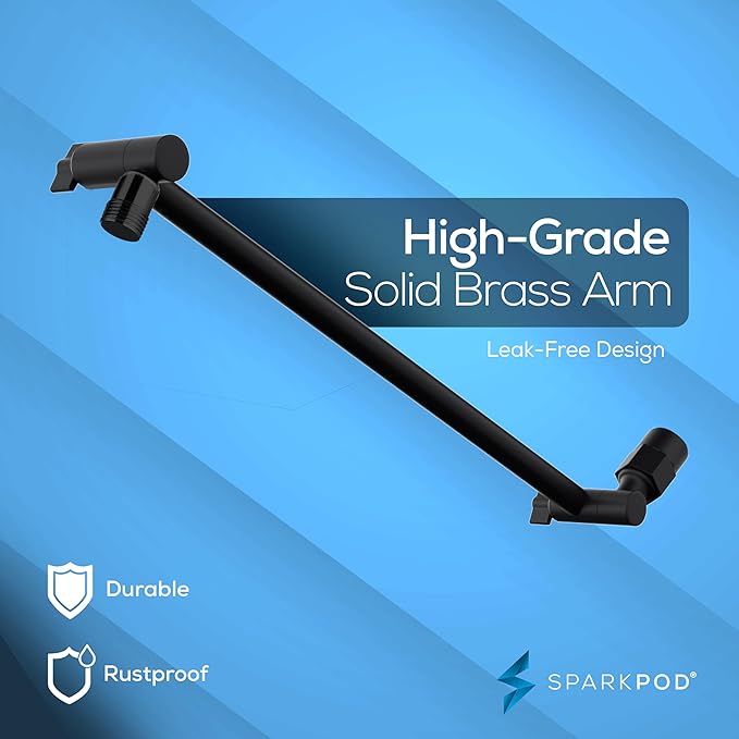 SparkPod Round Rain Shower Head with Shower Head Extension Arm - High Pressure Rain - Luxury Modern Look - No Hassle Tool-less 1-Min Installation (16" Shower Arm Extension, Midnight Black Matte)