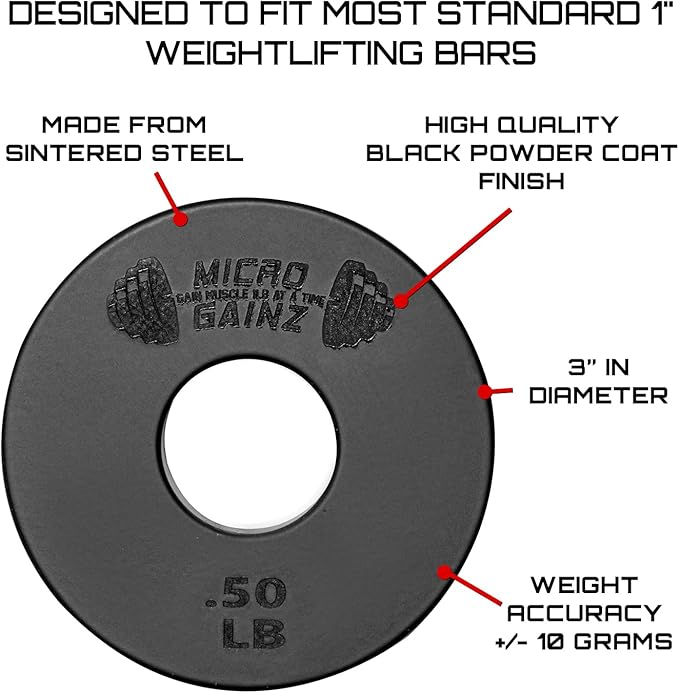 Micro Gainz 1-Inch Center Hole Standard Fractional Weights Plates Set, 8 Piece Dumbbell & Barbell Set of .50LB Plates for Strength Training and Weight Lifting, Made In USA