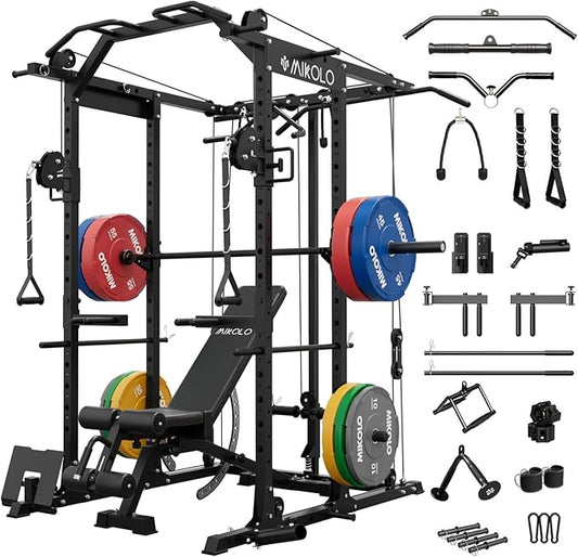 Mikolo Power Cage, Power Rack with Cable Crossover System, 1500LBS Squat Rack with LAT Pull Down System, Workout Cage with Pulley System for Fitness Home Gym-FlexoryFit
