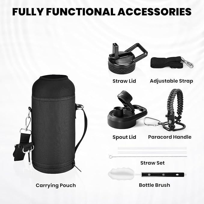 Insulated Water Bottle 32 oz, Triple Wall Vacuum Stainless Steel (Cold for 48 Hrs), Leak Proof & Non-BPA, Modern Water Flask Jug with Paracord Handle & Straw Spout Lids, Dark Grey-FlexoryFit
