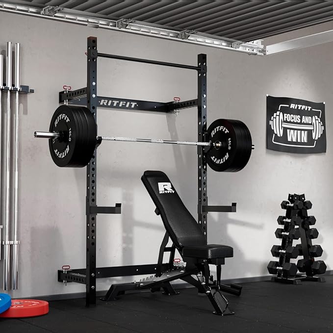RitFit Multi-Functional Folding Squat Rack for Home Gym, 2.36'' x 2.36'' Wall Mounted Squat Rack with Attachments - Space Saving Squat Power Rack-FlexoryFit