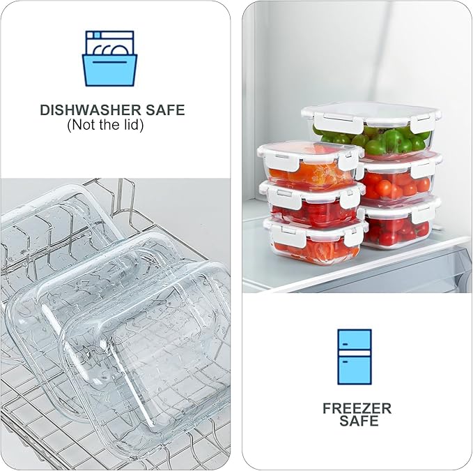 10 Pack Glass Food Storage Containers, Meal Prep Containers with Lids, Airtight Glass Lunch Boxes, Freezer, Oven, and Microwave Safe, White-FlexoryFit