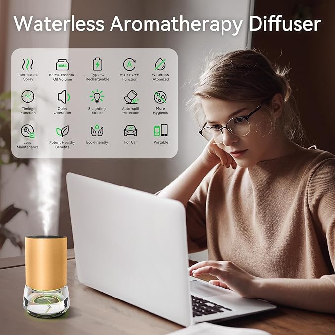 Waterless Essential Oil Diffuser 100ML Large Capacity Battery Operated Cordless Aromatherapy Diffuser with Timing & 3 Mist Levels car Diffuser 7 Colour Led Lights (Champagne)