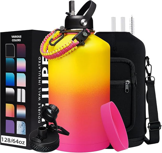 1 Gallon Insulated Water Bottle - with Straw & Auto Chug Lid, Paracord Handle, Bottle Sleeve, 128 oz Stainless Steel Water Bottle, Large Metal Gallon Water Jug Canteen for Sport Work-FlexoryFit