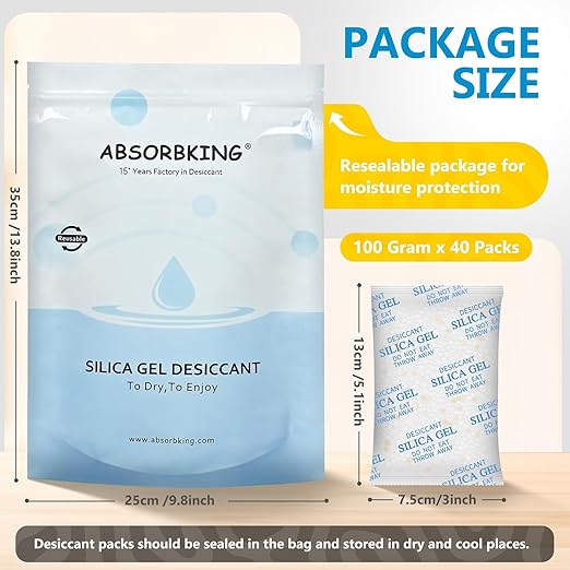 Moisture Absorbers – 100 Gram 40 Packs Silica Gel Packets Food Grade Silica Packets with Color Indicating, Premium Desiccant Packs for Food, Electronics, Closet, Jewelry and Safe Storage