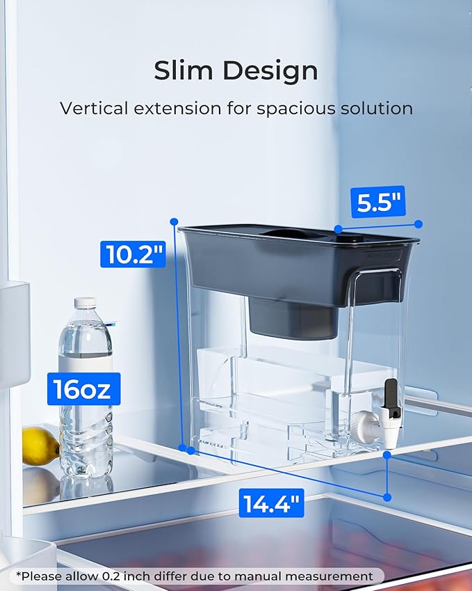 Waterdrop 35-Cup Slim Water Filter Dispenser, Large Capacity, 200-Gallon Long-Life, Faster Filtration, Reduces Chlorine, PFOA/PFOS and More, BPA Free, Black (with 1 Filter)