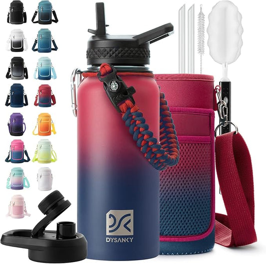 Insulated Water Bottle | Thickened Stainless Steel Vacuum Metal | Portable Sports Water Jug for Gym and Hiking with Straw, Carrier Bag, Handle Strap | BPA-Free 32 oz-FlexoryFit