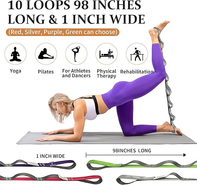 Stretching Strap Yoga Strap, 10 Loops Non-Elastic Stretch Bands Helps Women and Men Improve Flexibility for Home Workout, Physical Therapy, Pilates, Exercise, Dance, Comes with Door Anchor-FlexoryFit