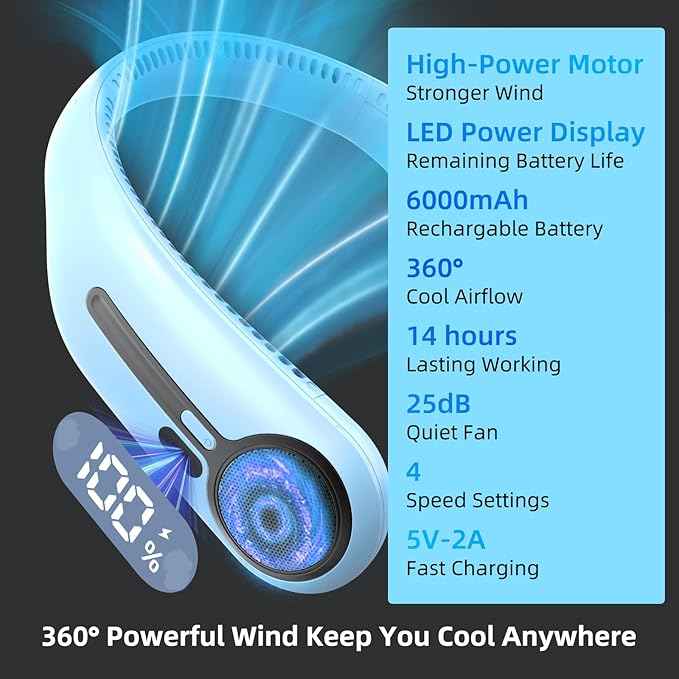 Portable Neck Fan,Hands Free Personal Wearable Bladeless Fan,6000mAh USB Rechargeable,360° Cooling,LED Display,4-Speeds,Birthday Gifts for Men Women Dad Mom,Outdoor Indoor Travel Camping (Light blue)