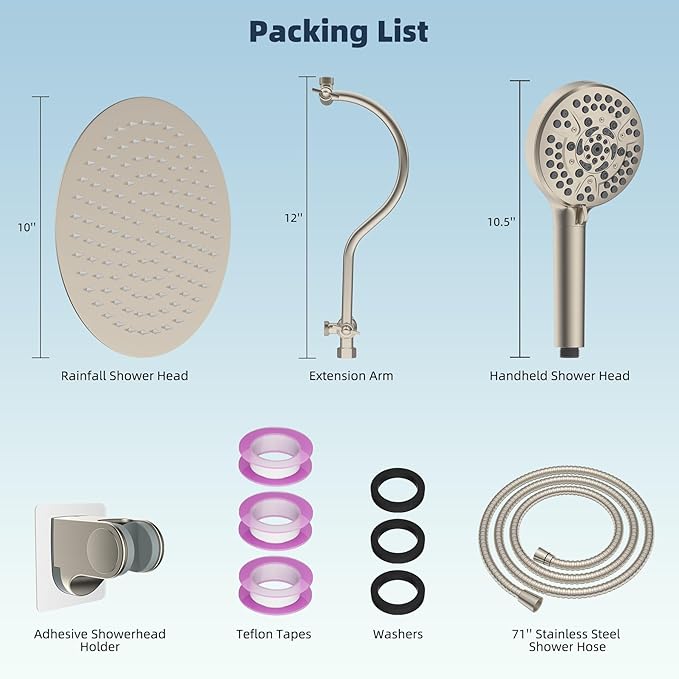 Hibbent All Metal Shower Head, 10'' High Pressure Rainfall Shower Head/Handheld Showerhead Combo/ 12'' Adjustable Curved Shower Extension Arm, 10-Spray, 71'' Adhesive Showerhead Holder, Brushed Nickel