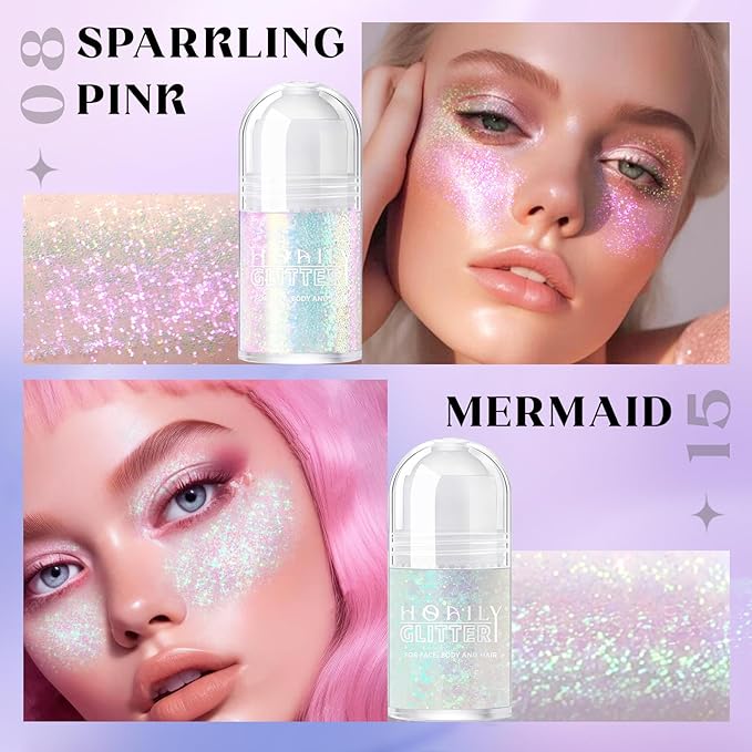 2 Colors Roll-on Body Glitter Gel, Holographic Glitter Gel Under Light for Face Hair, Body Shimmer for Rave Accessories Christmas New Year Halloween Makeup (8+11)-FlexoryFit