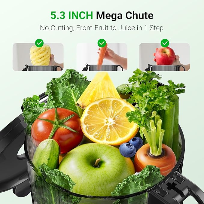 Juicer Machines,Aeitto Cold Press Juicer with 5.3“ Extra Large Feed Chute for Whole Fruits & Vegetables, Juice Extractor Machine, Self Feeding, Easy to Clean, High Juice Yield, Black-FlexoryFit
