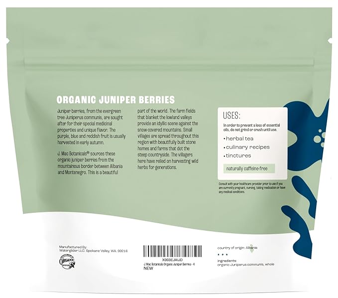 J MAC BOTANICALS, Organic Whole Juniper Berries, Certified Organic, juniper for herbal infusions, cooking and seasoning beef, pork, turkey brine, soups, syrups, cocktail bombs (4 oz)-FlexoryFit
