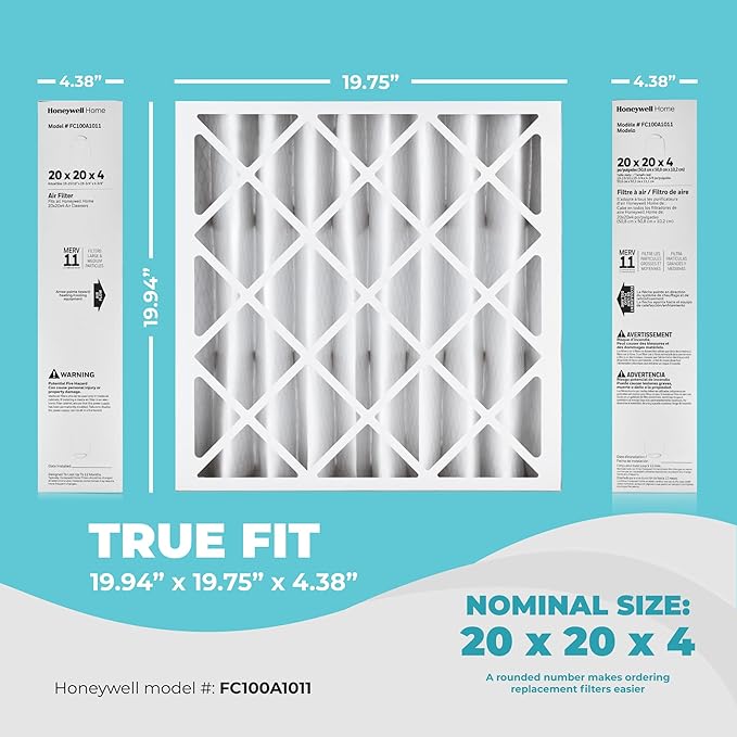 Honeywell 20x20x4 Air Filter Replacement MERV 11, FC100A1011 Pleated HVAC AC Furnace Filters with Wholesalehome Cleaning Cloth, 2-Pack (Actual Size: 19.94 x 19.75 x 4.38 Inches)