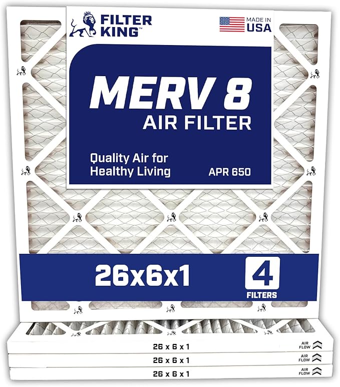 Filter King 26x6x1 Air Filter | 4-PACK | MERV 8 HVAC Pleated A/C Furnace Filters | MADE IN USA | Actual Size: 26 x 6 x .75"