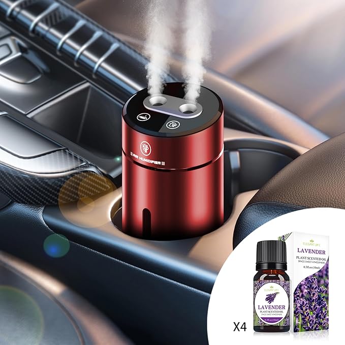 Smart Car Air Fresheners Rechargeable Ultrasonic Atomized Refreshing Experience Contains 4 Bottles of 10ml French Natural Fragrance Adjustable Concentration Auto On/Off Use in Car or Home(Wine red)