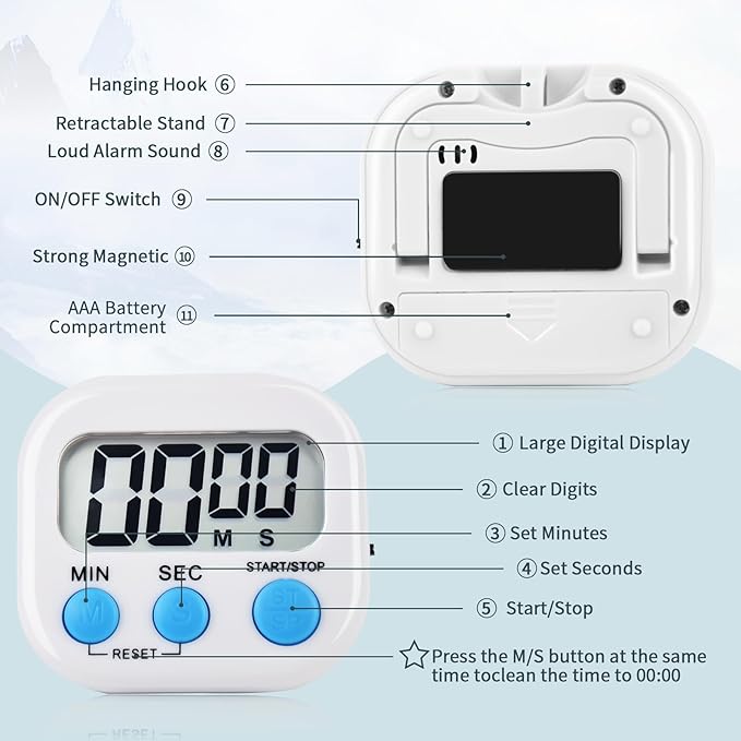 12 Pack Digital Kitchen Timer Magnetic Digital Timer with Big Display Loud Ring Cooking Timers for Kitchen Electronic Timer for Cooking, Bathing, Gym, Break Time, Classroom(12,White, Blue, Orange)-FlexoryFit