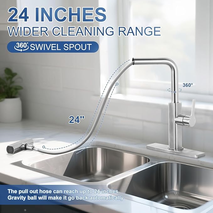 Kitchen Faucet with Pull Down Sprayer: ALEASHA Waterfall Kitchen Sink Faucet with 3 Function Pullout Sprayer, 360° Rotatable Single Hole Faucets for Modern RV/Bar, Single Handle, Brushed Nickel