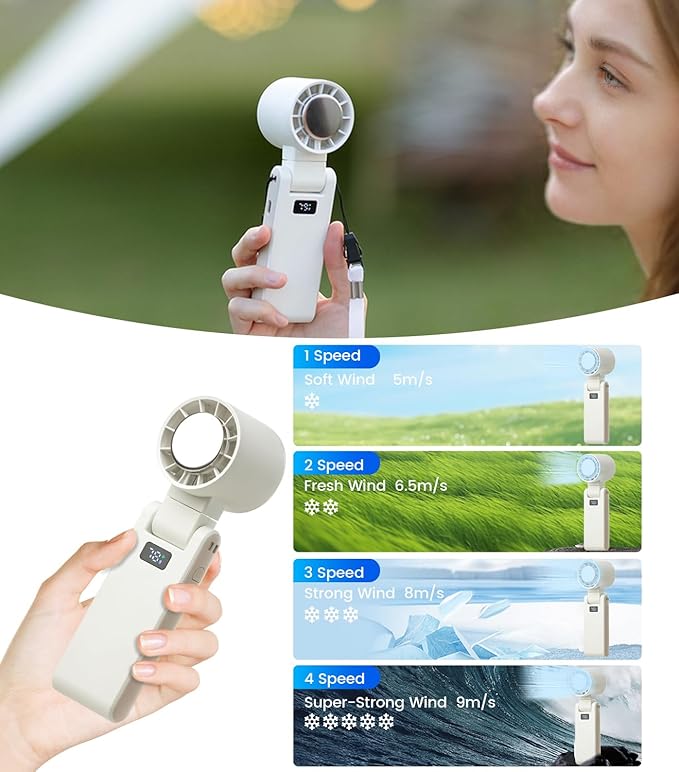 PEAKFLOW Handheld Fan with Ice Cooler,Foldable,Mini Pocket Size, Digital Display, 4000mAh Rechargeable Battery,4-Speed,4-in-1 Portable Fan for Travel and Outdoor