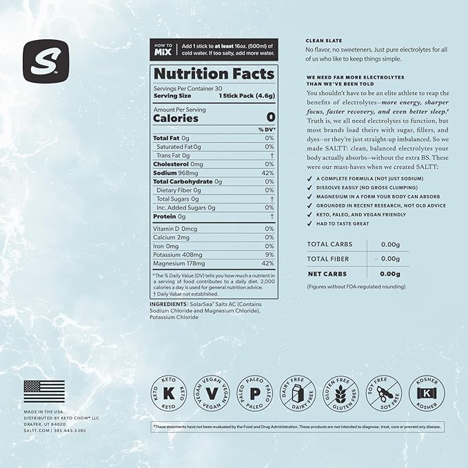 Keto Chow SALTT Electrolytes Powder Packets, Clean Slate Unflavored (30 Hydration Packets) - Magnesium, Potassium, Sodium, Trace Minerals - Vegan, Gluten Free - Travel Essentials - Made in USA-FlexoryFit