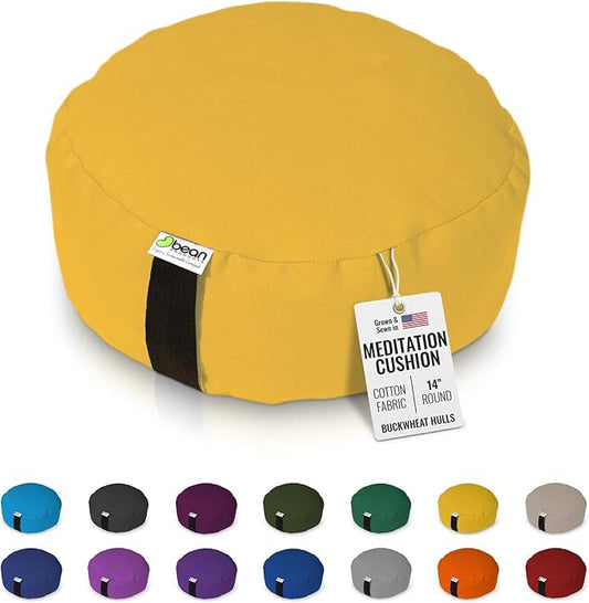 Bean Products Zafu Meditation Pillows for Sitting on Floor, Yoga Cushion, Cotton/Buckwheat Fill Yoga Pillow, Zafu Meditation Cushion, Zen Kneeling Prayer Pad- Made in USA - 14" Round - Saffron-FlexoryFit