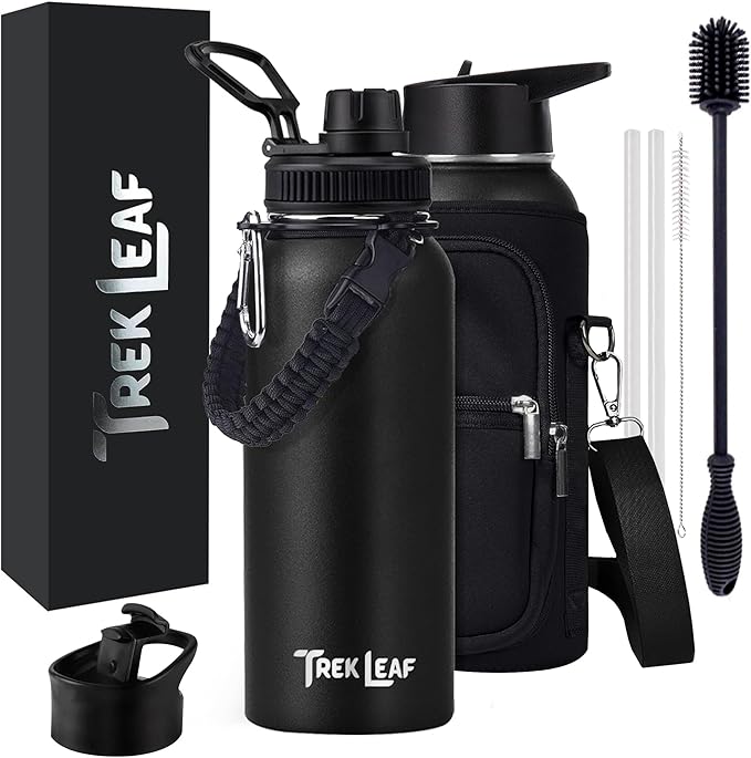 Travel Water Bottle with Carrying Bag, 3 Lids (Spout, Straw, Flip), and Bottle Brush; Leak Proof, Quality, Vacuum Insulated, Stainless Steel (Black, 32 oz)